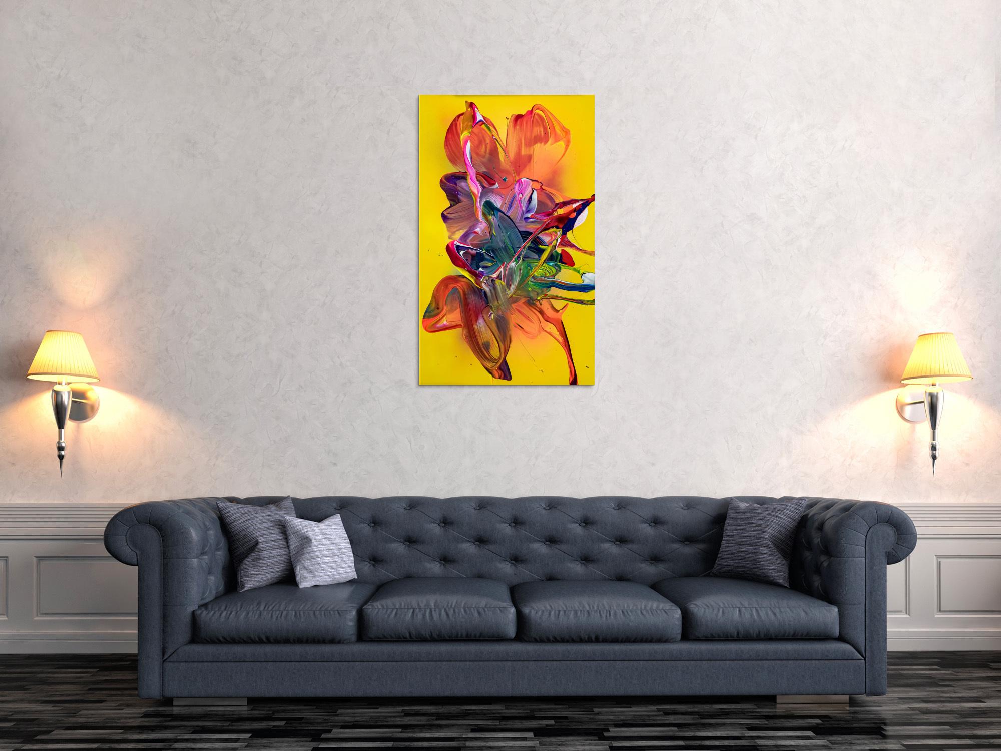 Original Gemälde abstrakt 100x60cm Action Painting zeitgenössisch handgemalt Fluid Painting bunt gelb rot hochwertig