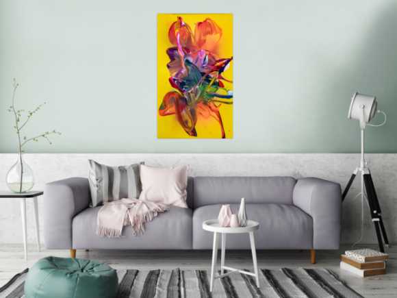 Original Gemälde abstrakt 100x60cm Action Painting zeitgenössisch handgemalt Fluid Painting bunt gelb rot hochwertig