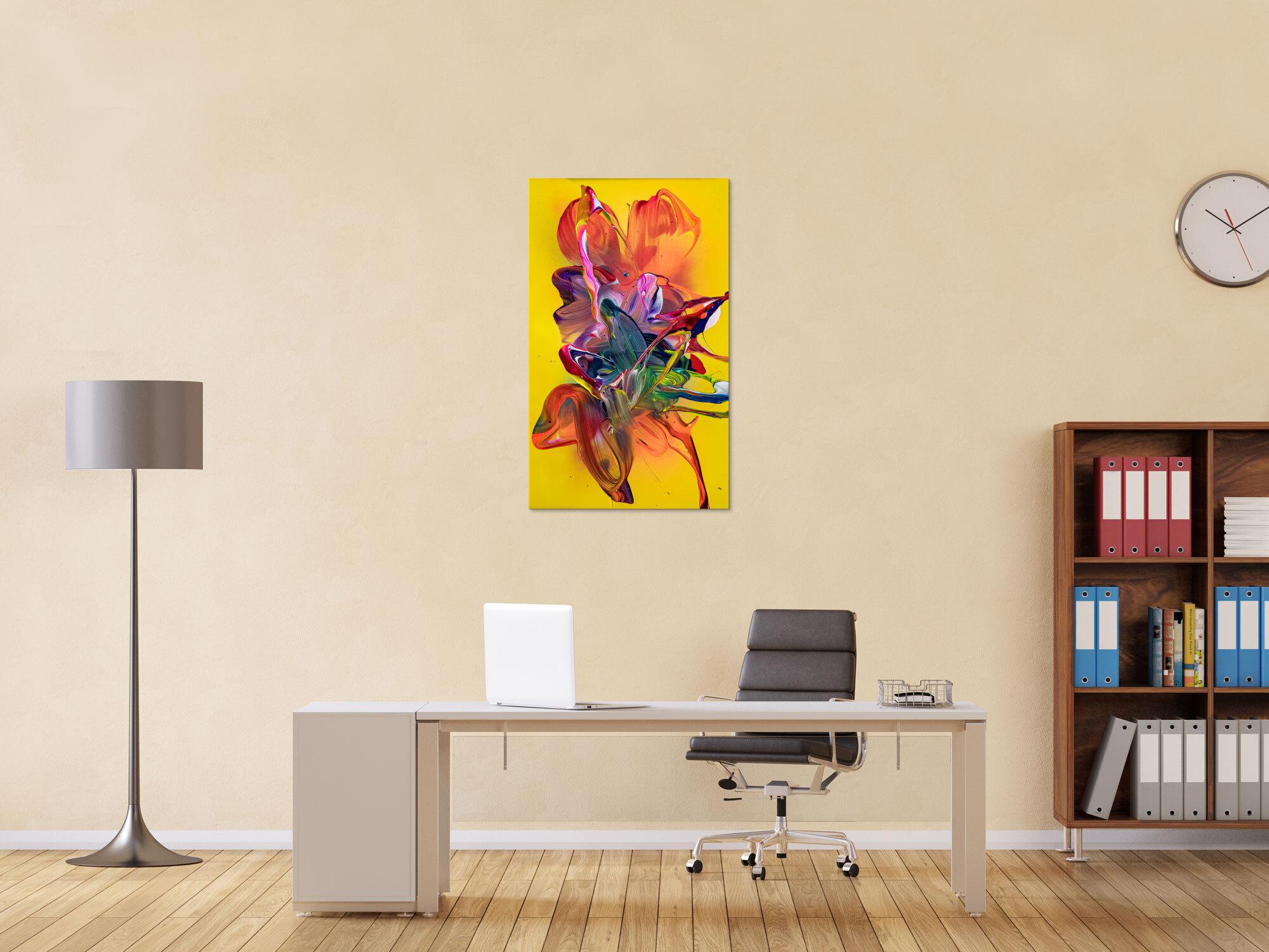 Original Gemälde abstrakt 100x60cm Action Painting zeitgenössisch handgemalt Fluid Painting bunt gelb rot hochwertig