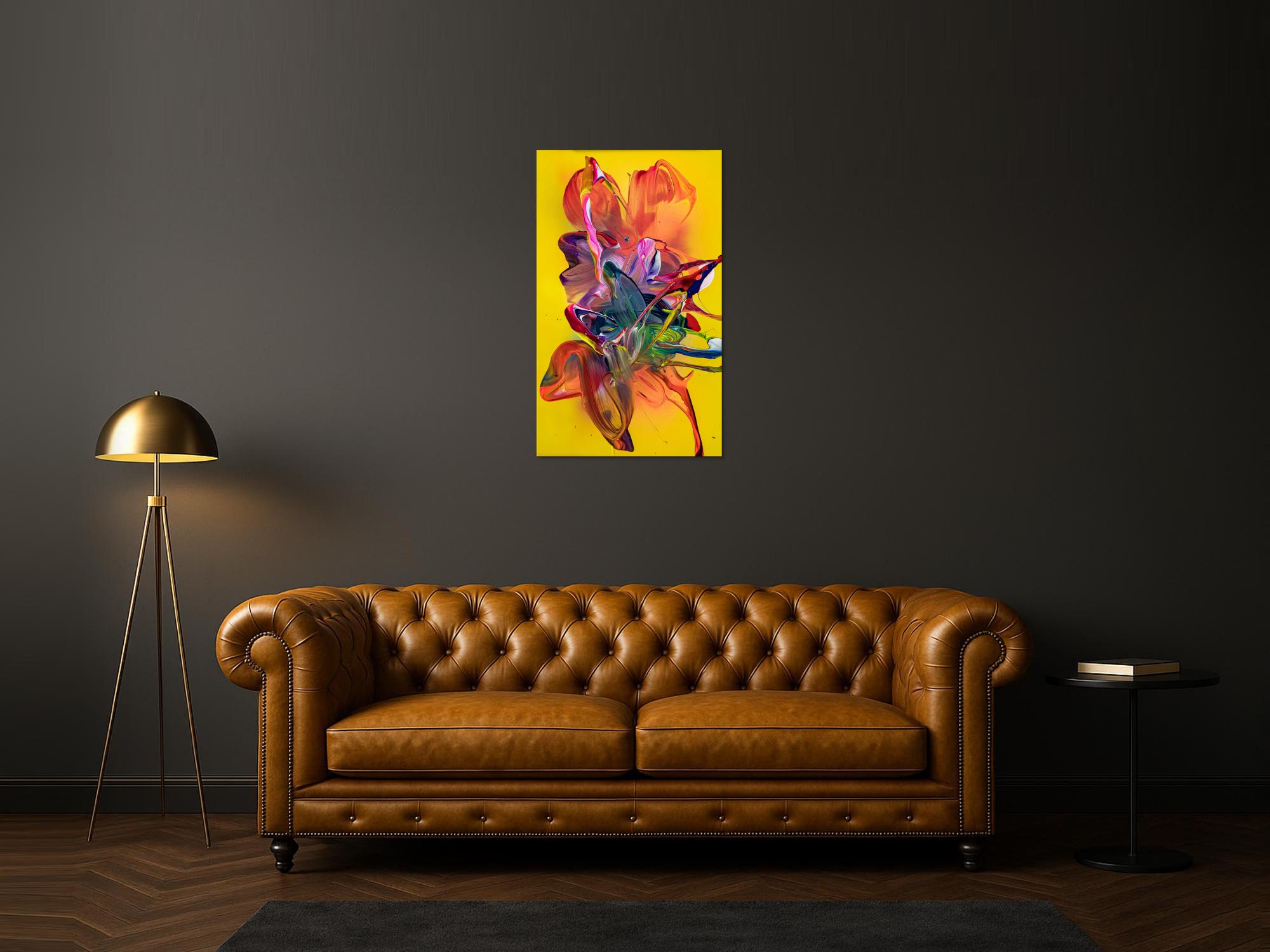 Original Gemälde abstrakt 100x60cm Action Painting zeitgenössisch handgemalt Fluid Painting bunt gelb rot hochwertig