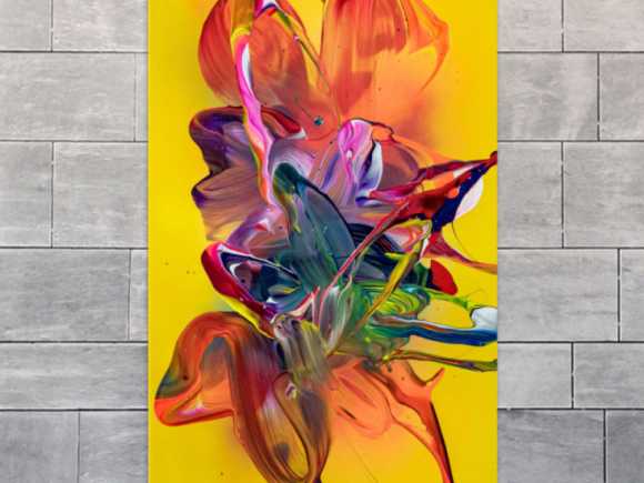 Original Gemälde abstrakt 100x60cm Action Painting zeitgenössisch handgemalt Fluid Painting bunt gelb rot hochwertig