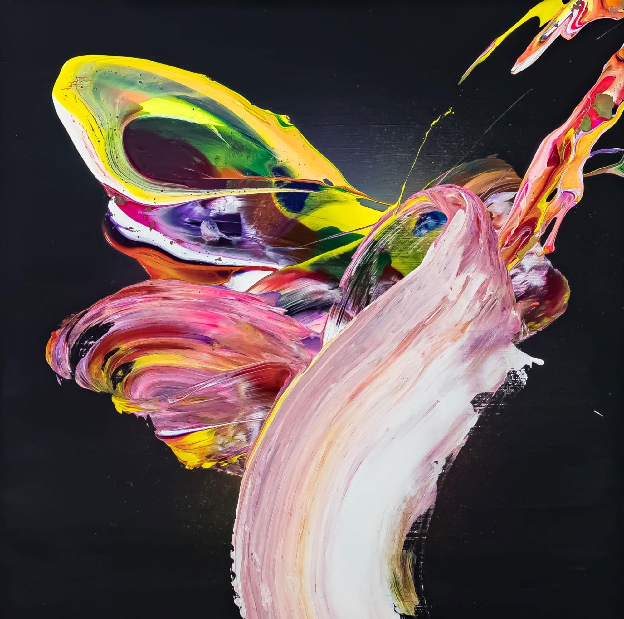 Abstraktes Original Gemälde 60x60cm Action Painting expressionistisch handgefertigt Fluid Painting schwarz bunt rosa Unikat