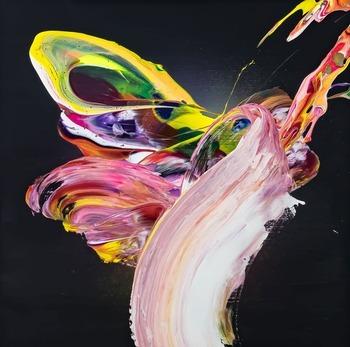 Abstraktes Original Gemälde 60x60cm Action Painting expressionistisch handgefertigt Fluid Painting schwarz bunt rosa Unikat