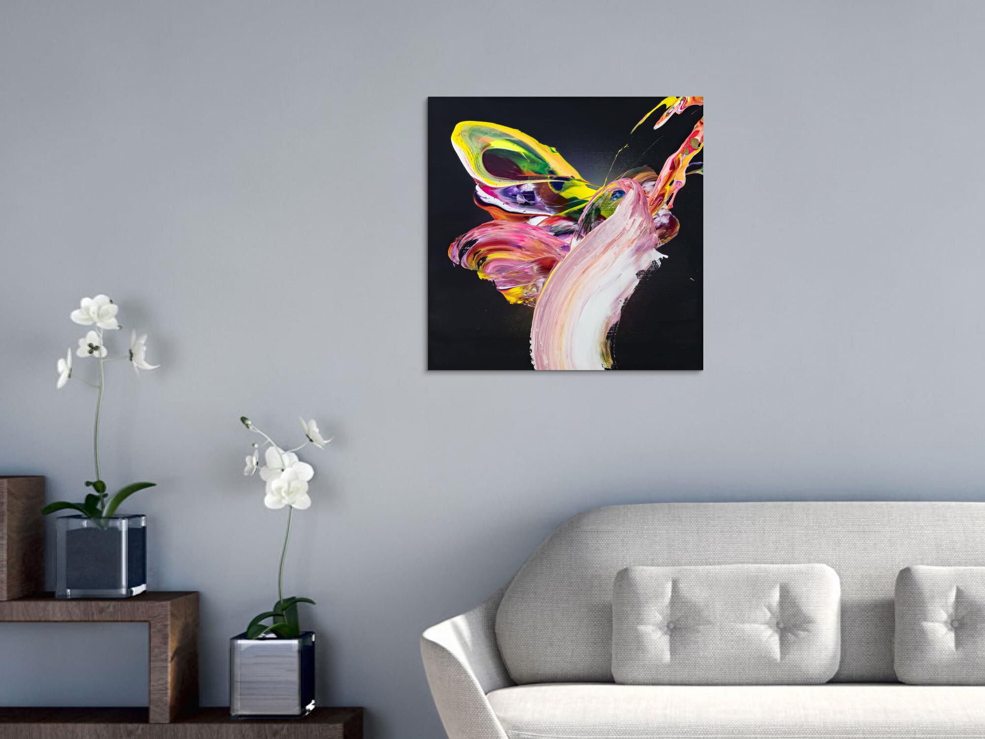 Abstraktes Original Gemälde 60x60cm Action Painting expressionistisch handgefertigt Fluid Painting schwarz bunt rosa Unikat