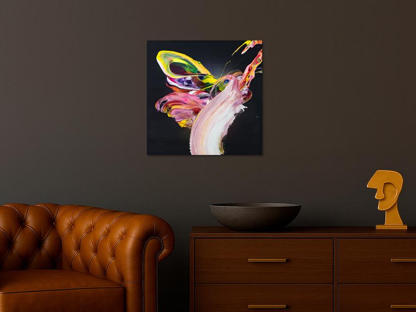 Abstraktes Original Gemälde 60x60cm Action Painting expressionistisch handgefertigt Fluid Painting schwarz bunt rosa Unikat