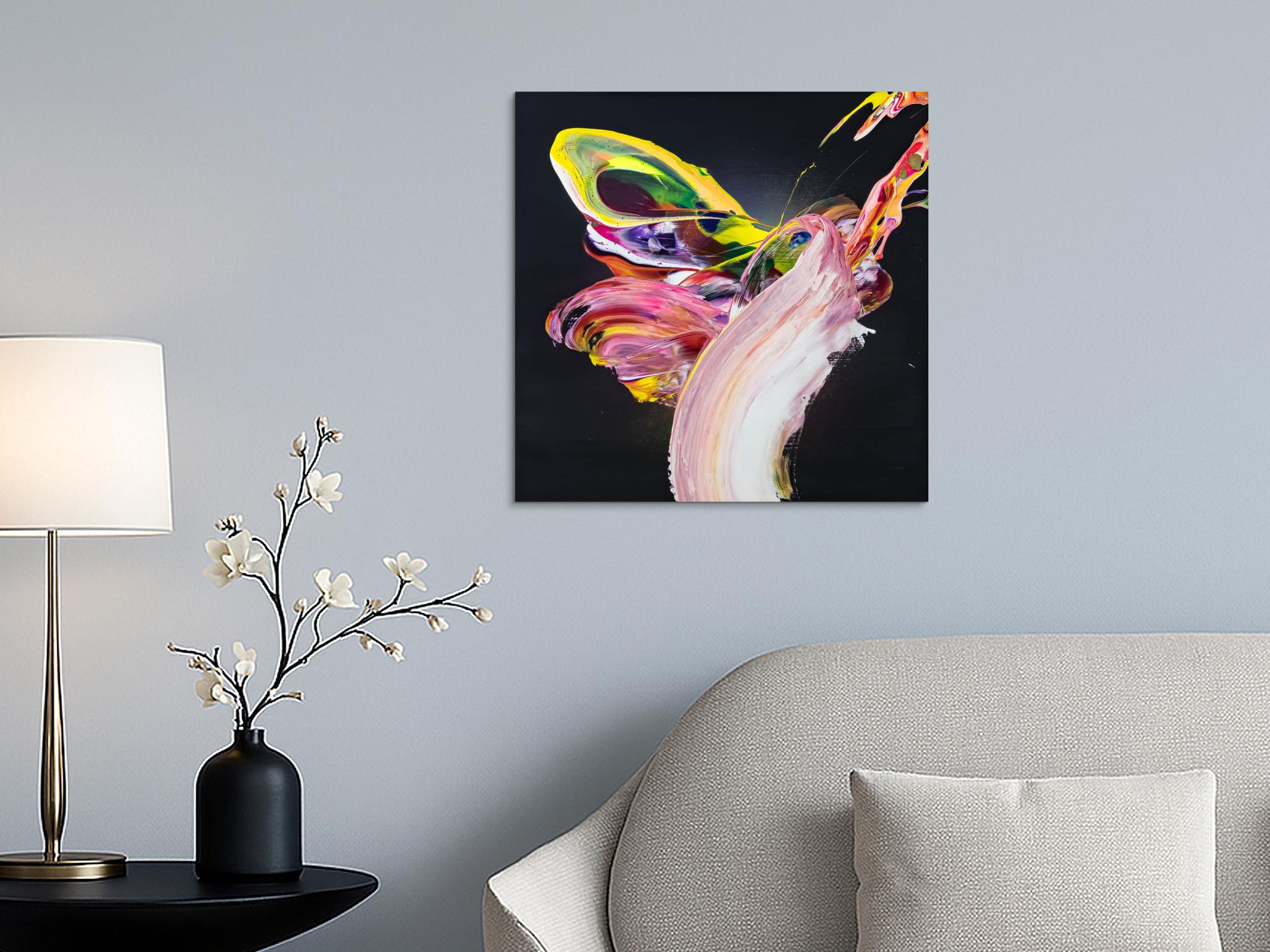 Abstraktes Original Gemälde 60x60cm Action Painting expressionistisch handgefertigt Fluid Painting schwarz bunt rosa Unikat