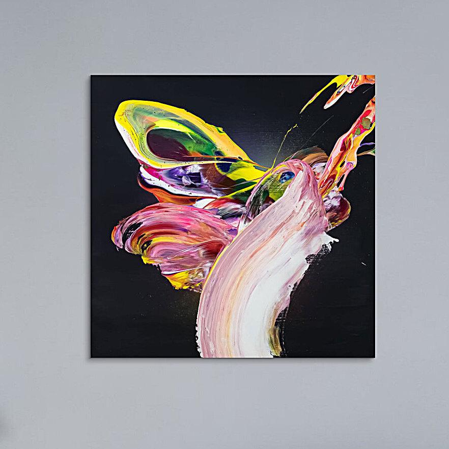 Abstraktes Original Gemälde 60x60cm Action Painting expressionistisch handgefertigt Fluid Painting schwarz bunt rosa Unikat