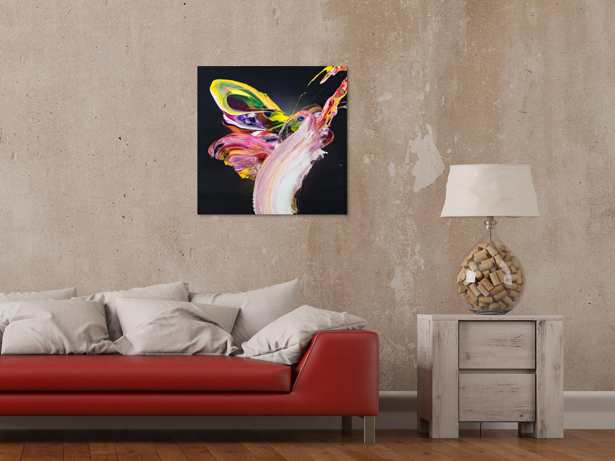 Abstraktes Original Gemälde 60x60cm Action Painting expressionistisch handgefertigt Fluid Painting schwarz bunt rosa Unikat