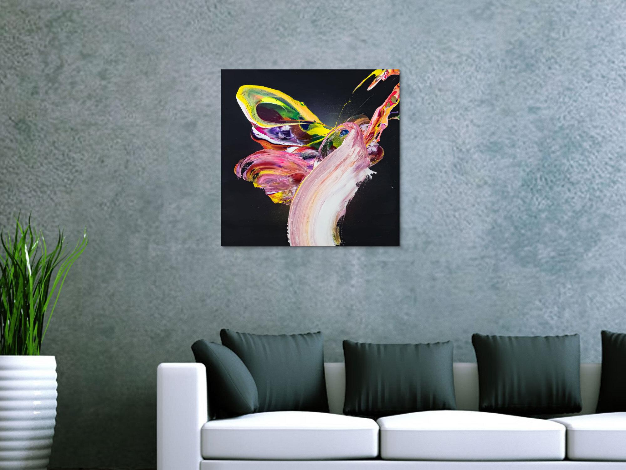 Abstraktes Original Gemälde 60x60cm Action Painting expressionistisch handgefertigt Fluid Painting schwarz bunt rosa Unikat