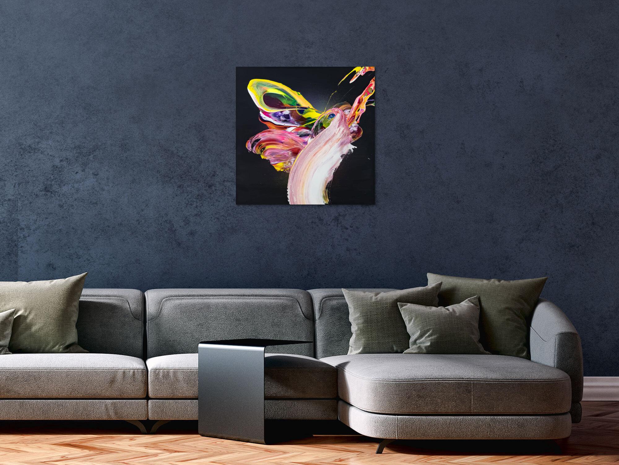 Abstraktes Original Gemälde 60x60cm Action Painting expressionistisch handgefertigt Fluid Painting schwarz bunt rosa Unikat