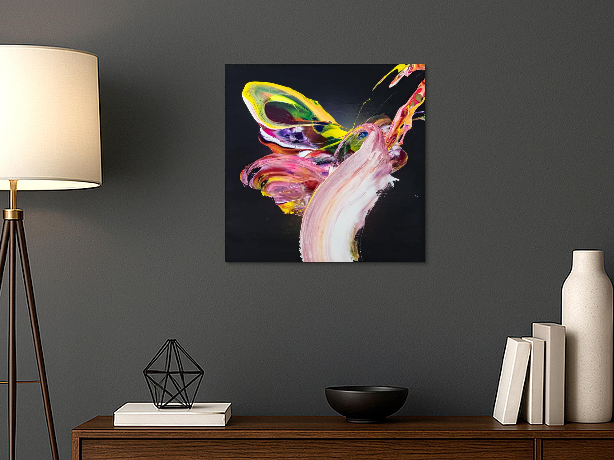 Abstraktes Original Gemälde 60x60cm Action Painting expressionistisch handgefertigt Fluid Painting schwarz bunt rosa Unikat