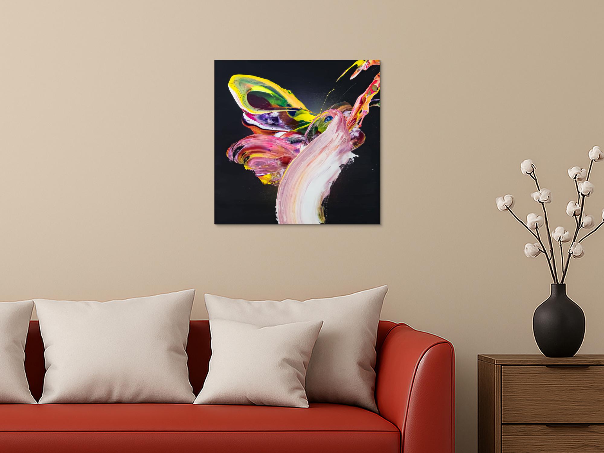 Abstraktes Original Gemälde 60x60cm Action Painting expressionistisch handgefertigt Fluid Painting schwarz bunt rosa Unikat