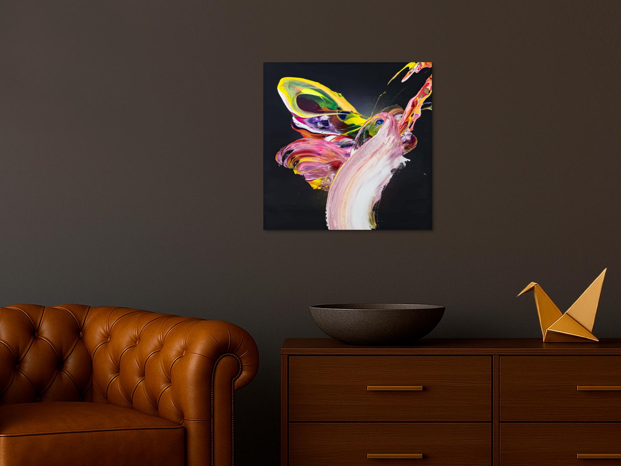 Abstraktes Original Gemälde 60x60cm Action Painting expressionistisch handgefertigt Fluid Painting schwarz bunt rosa Unikat