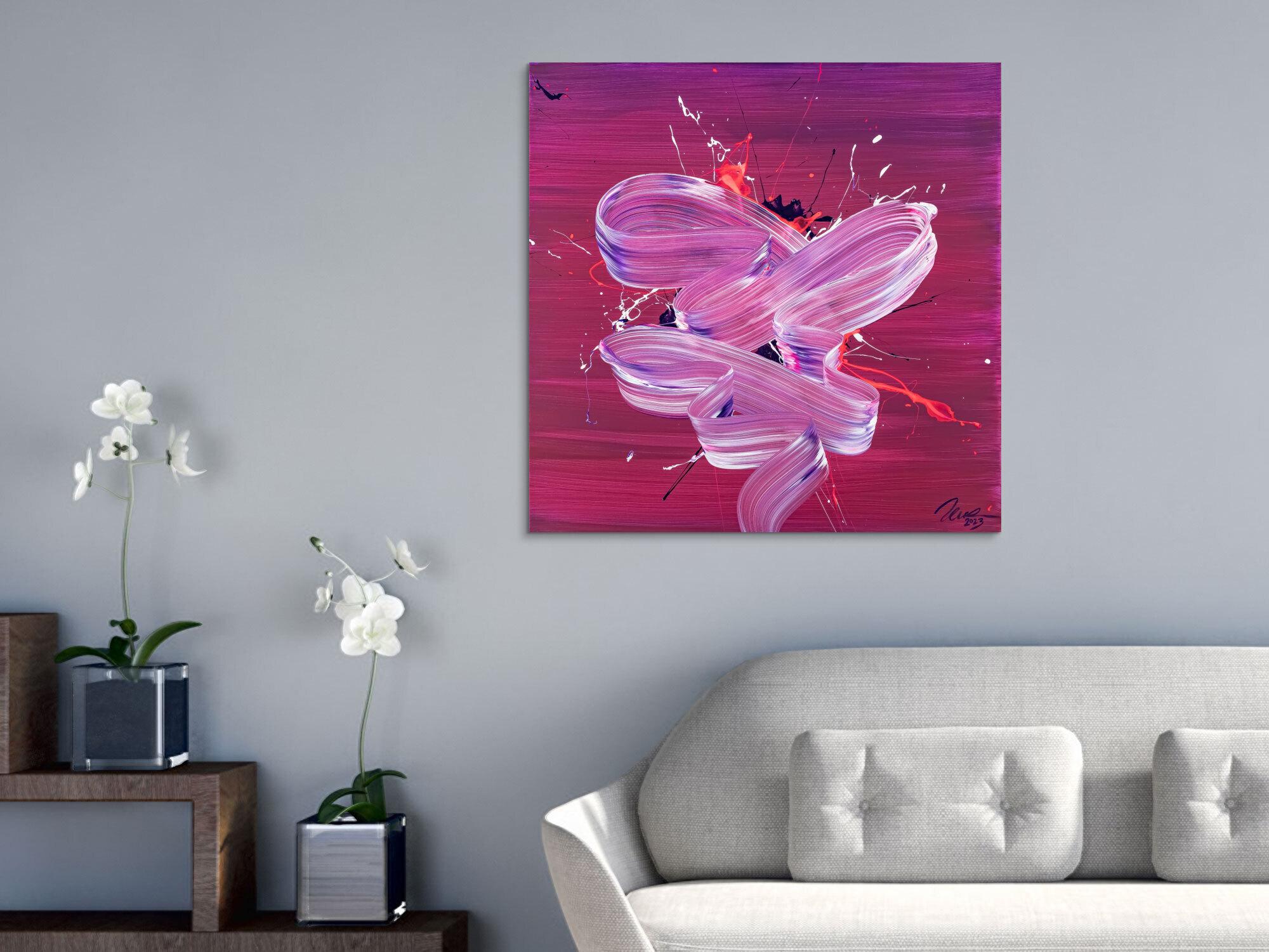 Original Gemälde abstrakt 80x80cm Fluid Painting Moderne Kunst auf Leinwand Splash Art violett rosa pink hochwertig