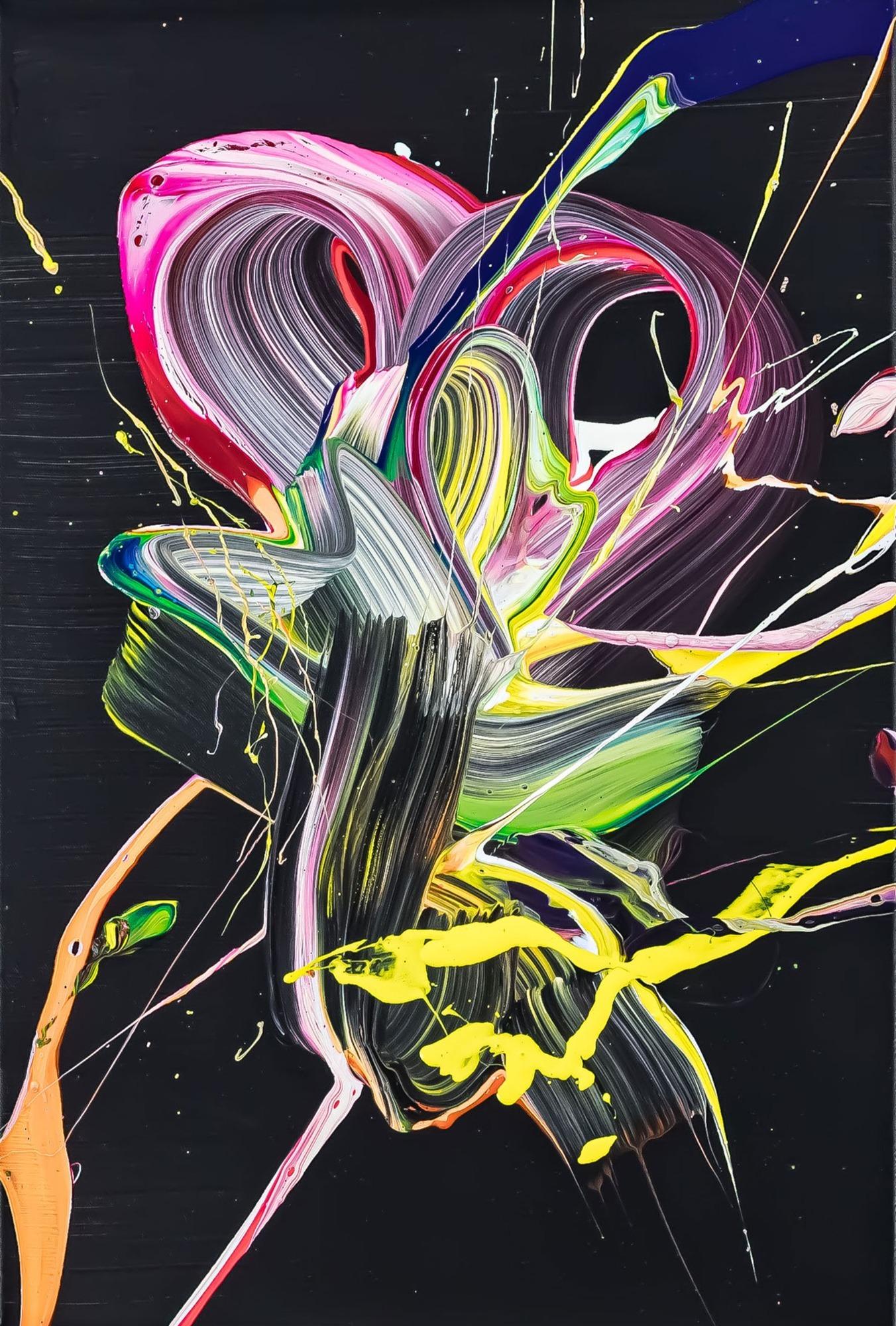 Original Gemälde abstrakt 60x40cm Action Painting zeitgenössisch handgefertigt Fluid Painting schwarz gelb pink Unikat
