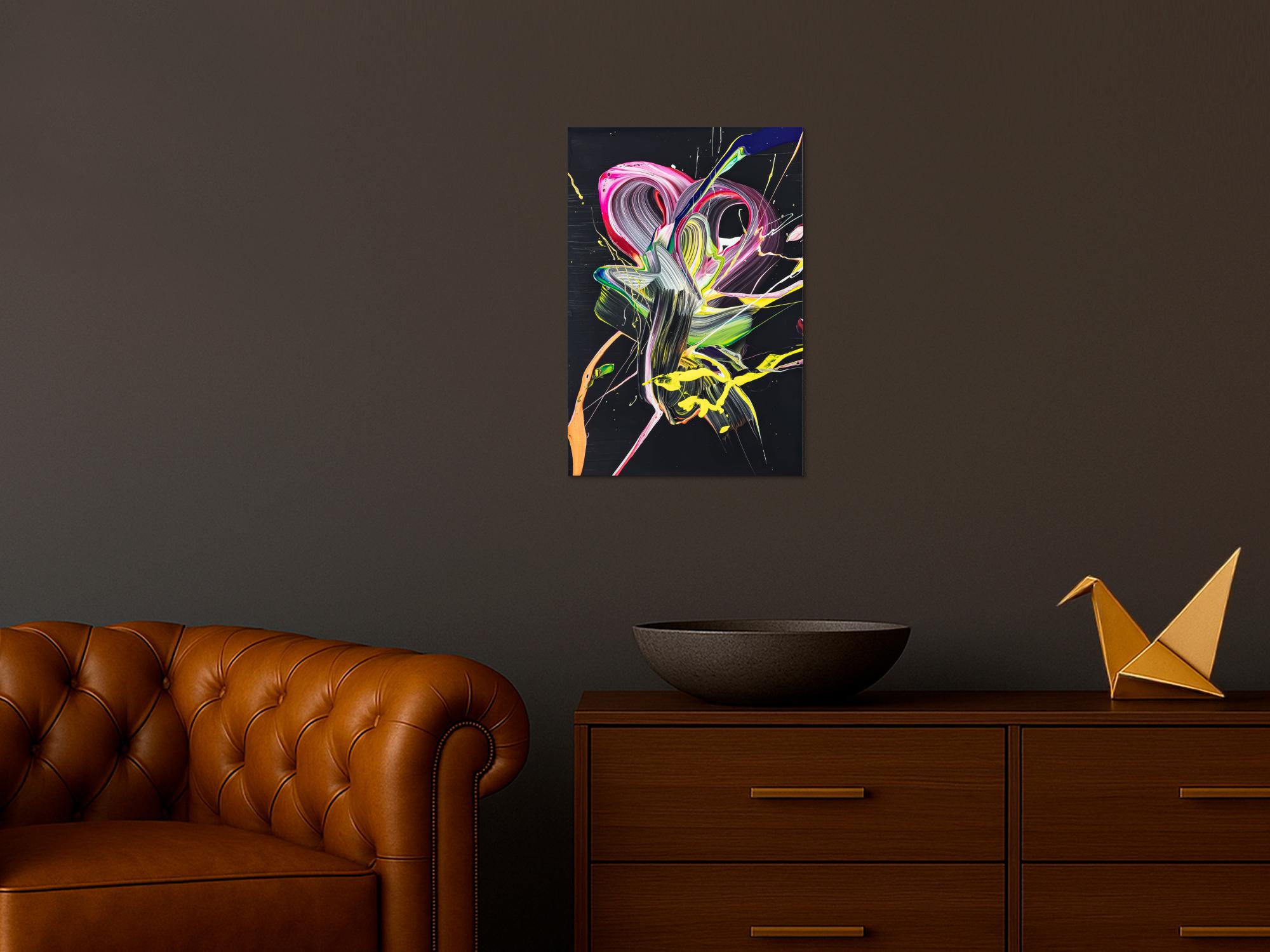 Original Gemälde abstrakt 60x40cm Action Painting zeitgenössisch handgefertigt Fluid Painting schwarz gelb pink Unikat