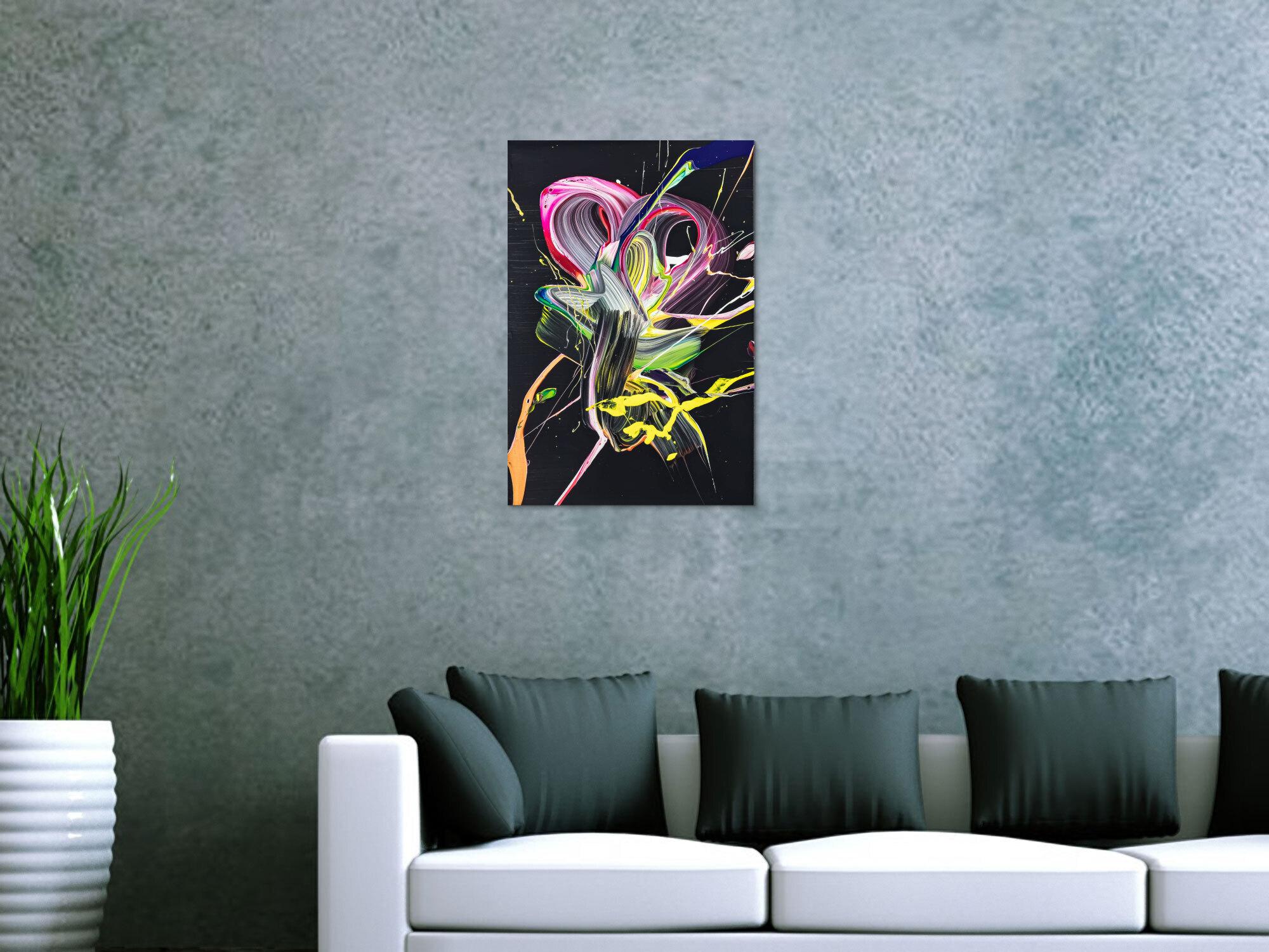 Original Gemälde abstrakt 60x40cm Action Painting zeitgenössisch handgefertigt Fluid Painting schwarz gelb pink Unikat