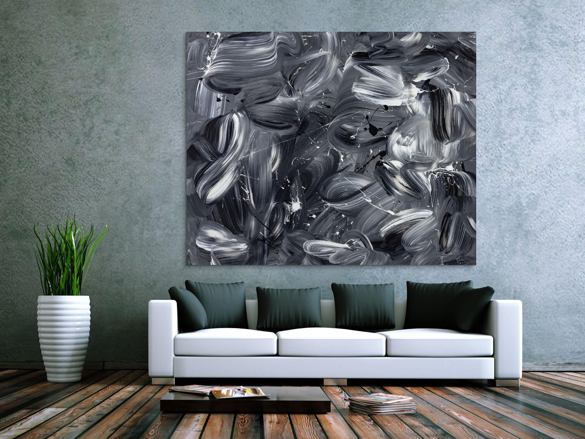 Original Gemälde abstrakt 150x180cm Mischtechnik expressionistisch auf Leinwand  schwarz weiss schwarz anthrazit hochwertig