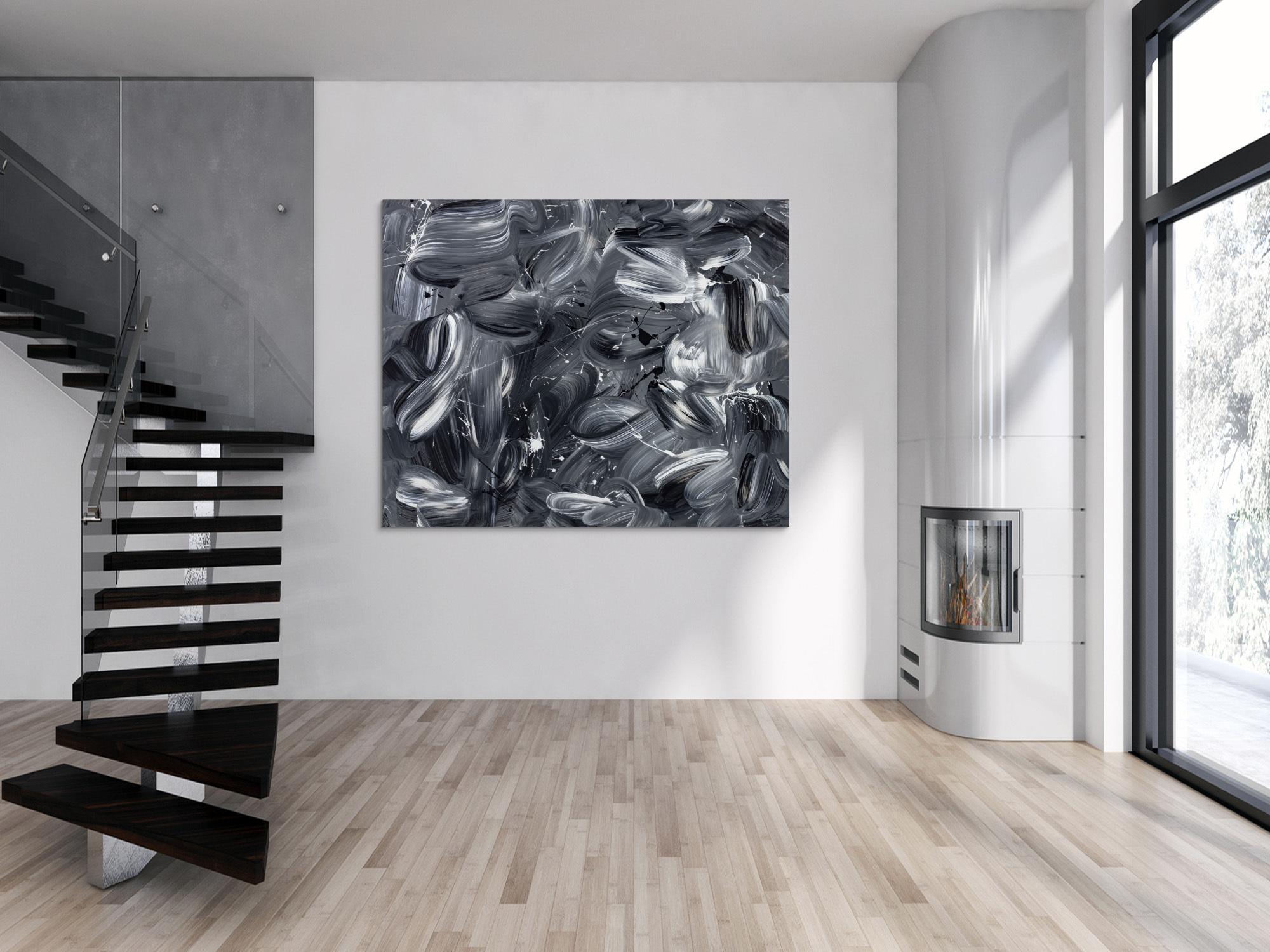 Original Gemälde abstrakt 150x180cm Mischtechnik expressionistisch auf Leinwand  schwarz weiss schwarz anthrazit hochwertig