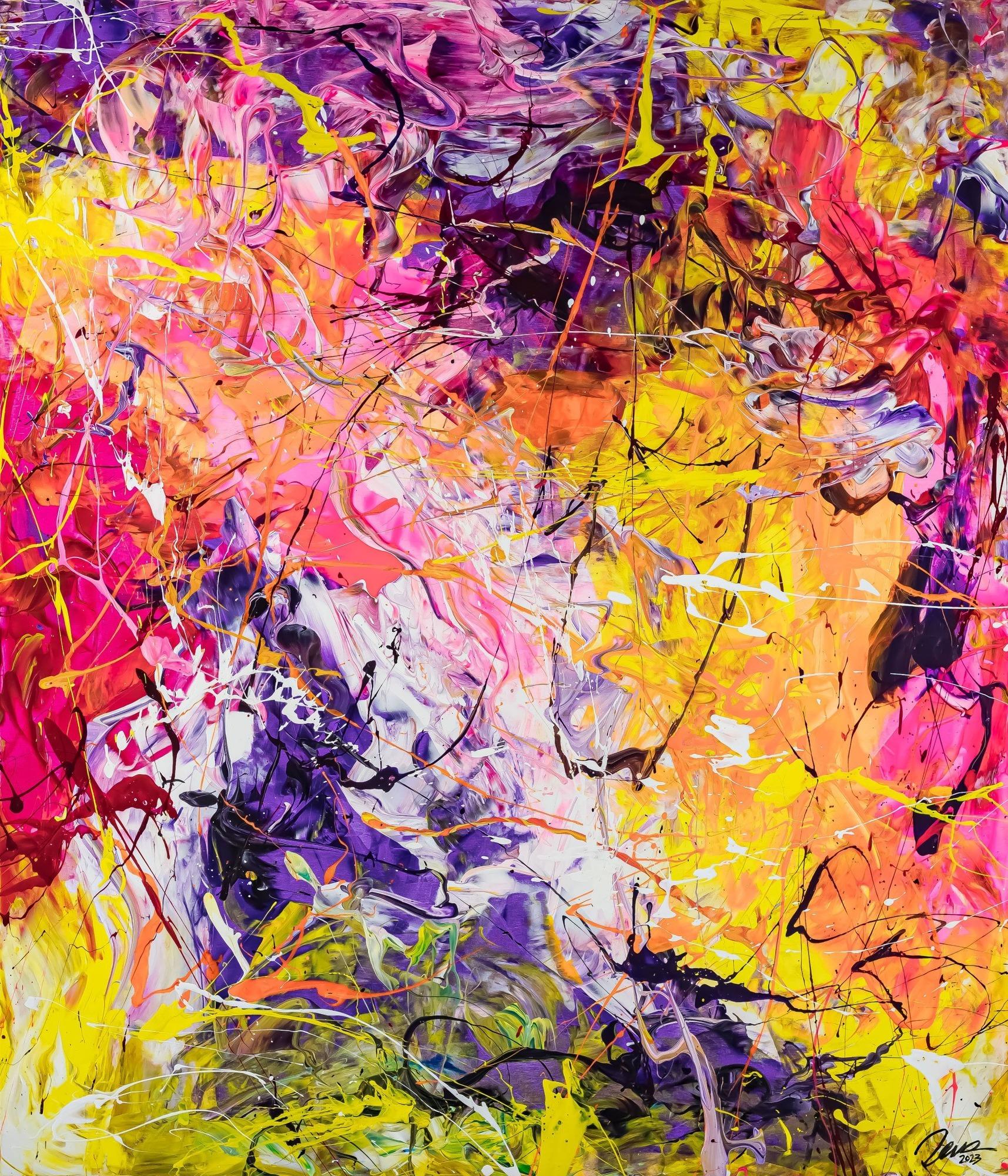 Original Gemälde abstrakt 180x150cm Minimalistisch expressionistisch auf Leinwand Action Painting rosa gelb orange hochwertig