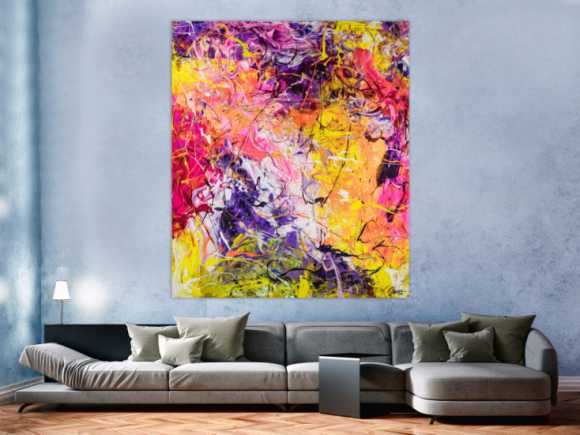 Original Gemälde abstrakt 180x150cm Minimalistisch expressionistisch auf Leinwand Action Painting rosa gelb orange hochwertig