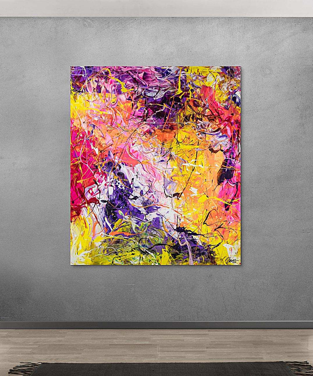 Original Gemälde abstrakt 180x150cm Minimalistisch expressionistisch auf Leinwand Action Painting rosa gelb orange hochwertig