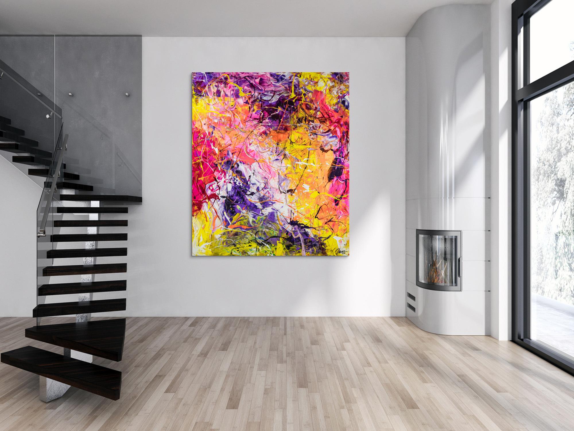 Original Gemälde abstrakt 180x150cm Minimalistisch expressionistisch auf Leinwand Action Painting rosa gelb orange hochwertig