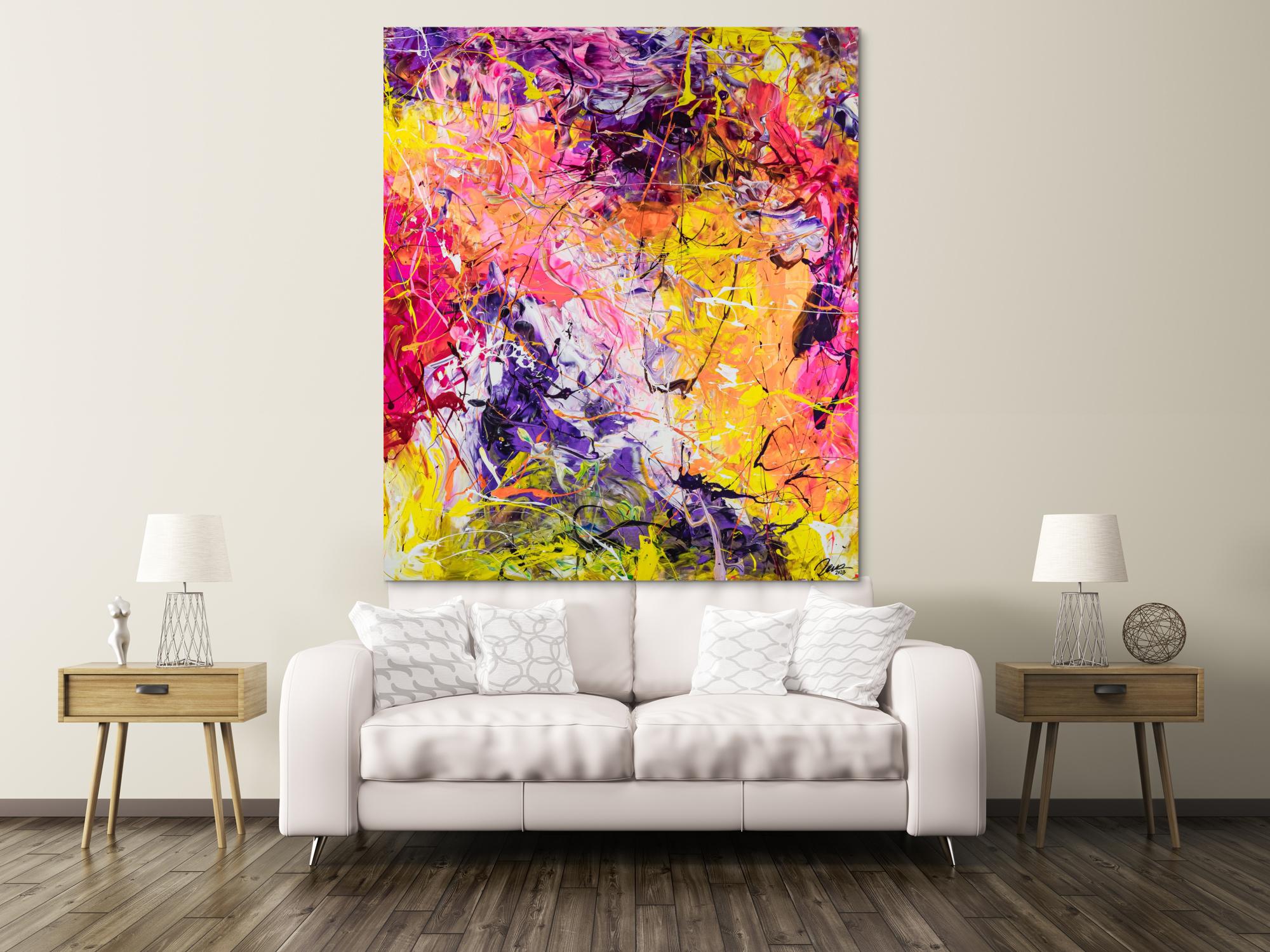 Original Gemälde abstrakt 180x150cm Minimalistisch expressionistisch auf Leinwand Action Painting rosa gelb orange hochwertig