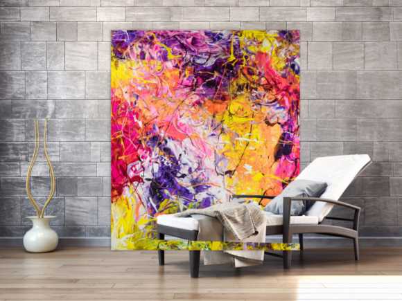 Original Gemälde abstrakt 180x150cm Minimalistisch expressionistisch auf Leinwand Action Painting rosa gelb orange hochwertig