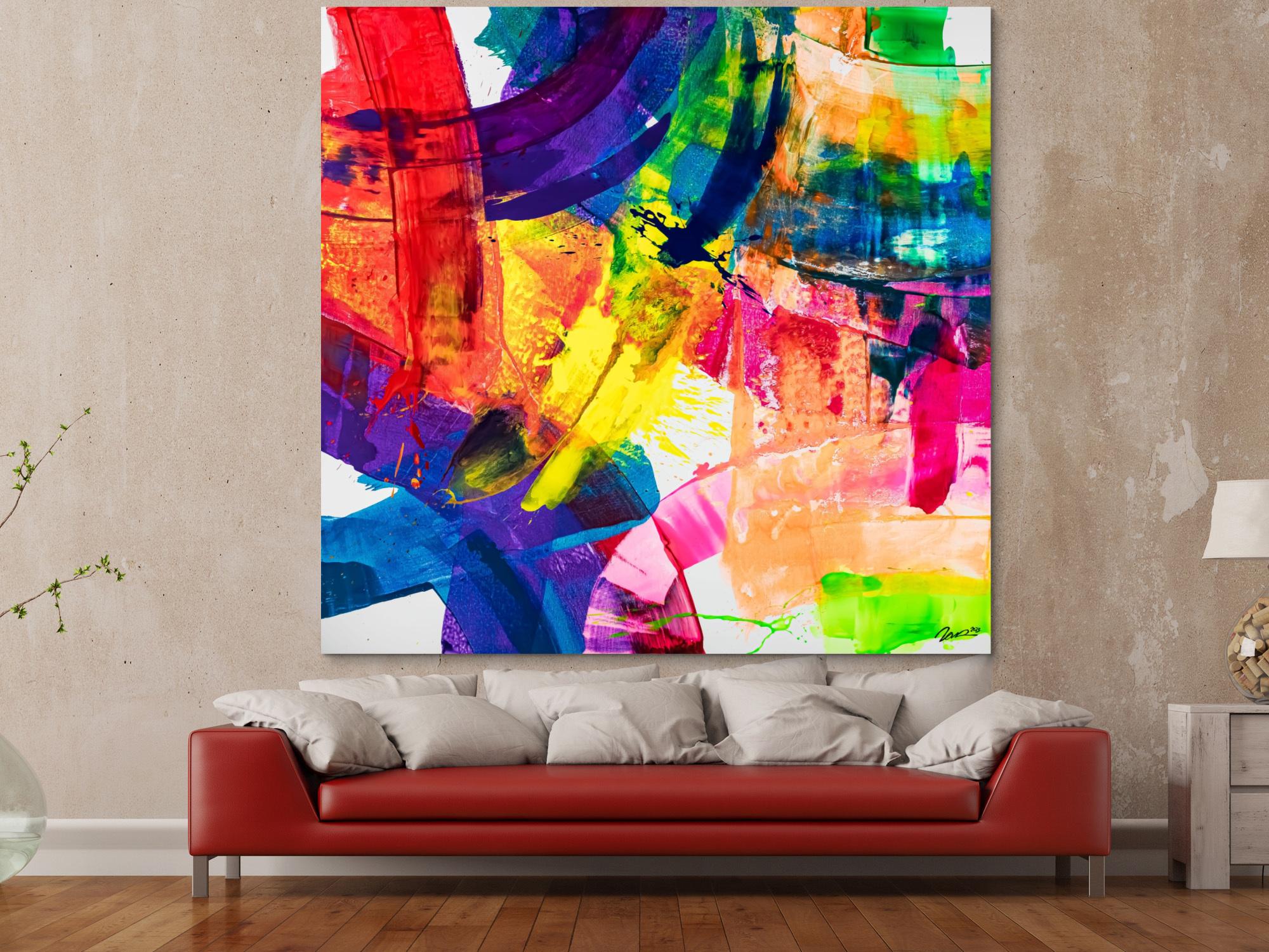 Original Gemälde abstrakt 180x180cm Spachteltechnik Moderne Kunst handgemalt Mischtechnik blau bunt rot einzigartig