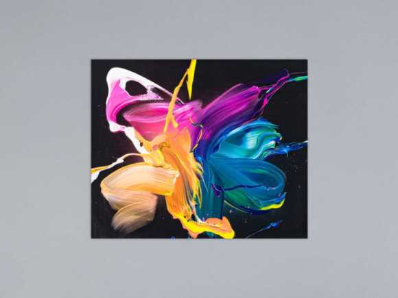 Gemälde Original abstrakt 50x60cm Action Painting zeitgenössisch handgemalt Fluid Painting schwarz blau pink gelb