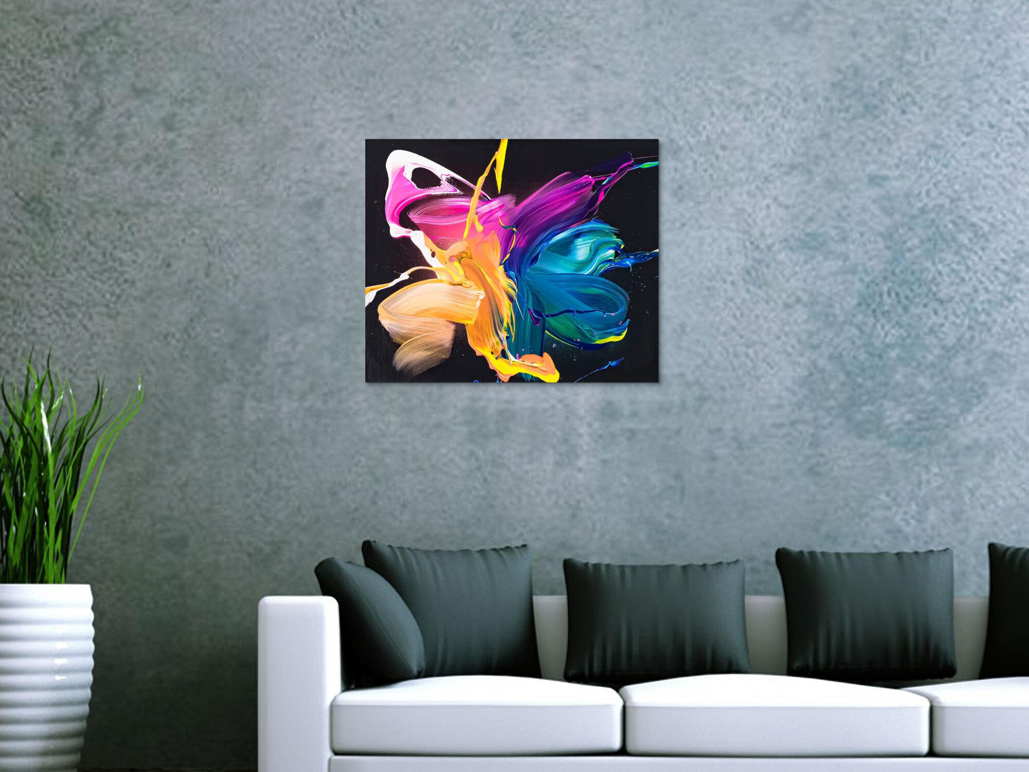 Gemälde Original abstrakt 50x60cm Action Painting zeitgenössisch handgemalt Fluid Painting schwarz blau pink gelb