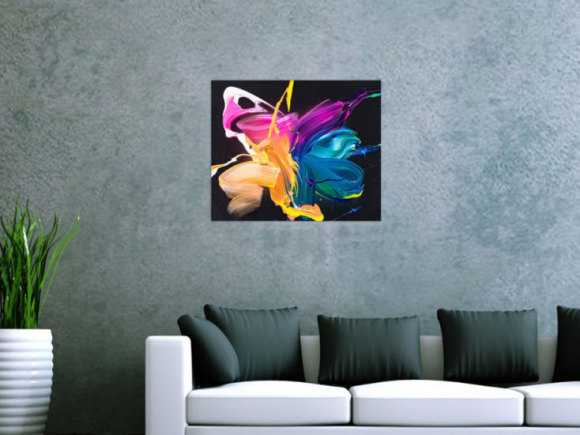 Gemälde Original abstrakt 50x60cm Action Painting zeitgenössisch handgemalt Fluid Painting schwarz blau pink gelb