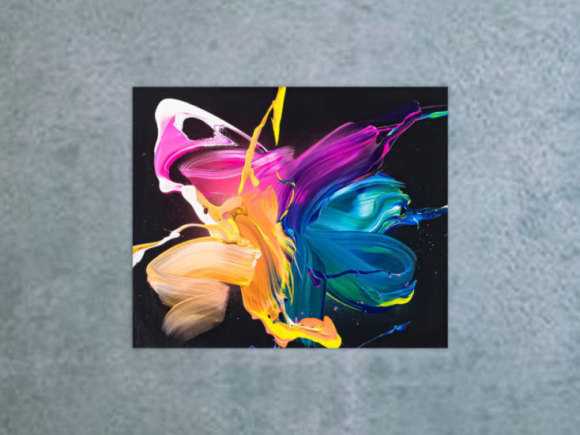 Gemälde Original abstrakt 50x60cm Action Painting zeitgenössisch handgemalt Fluid Painting schwarz blau pink gelb