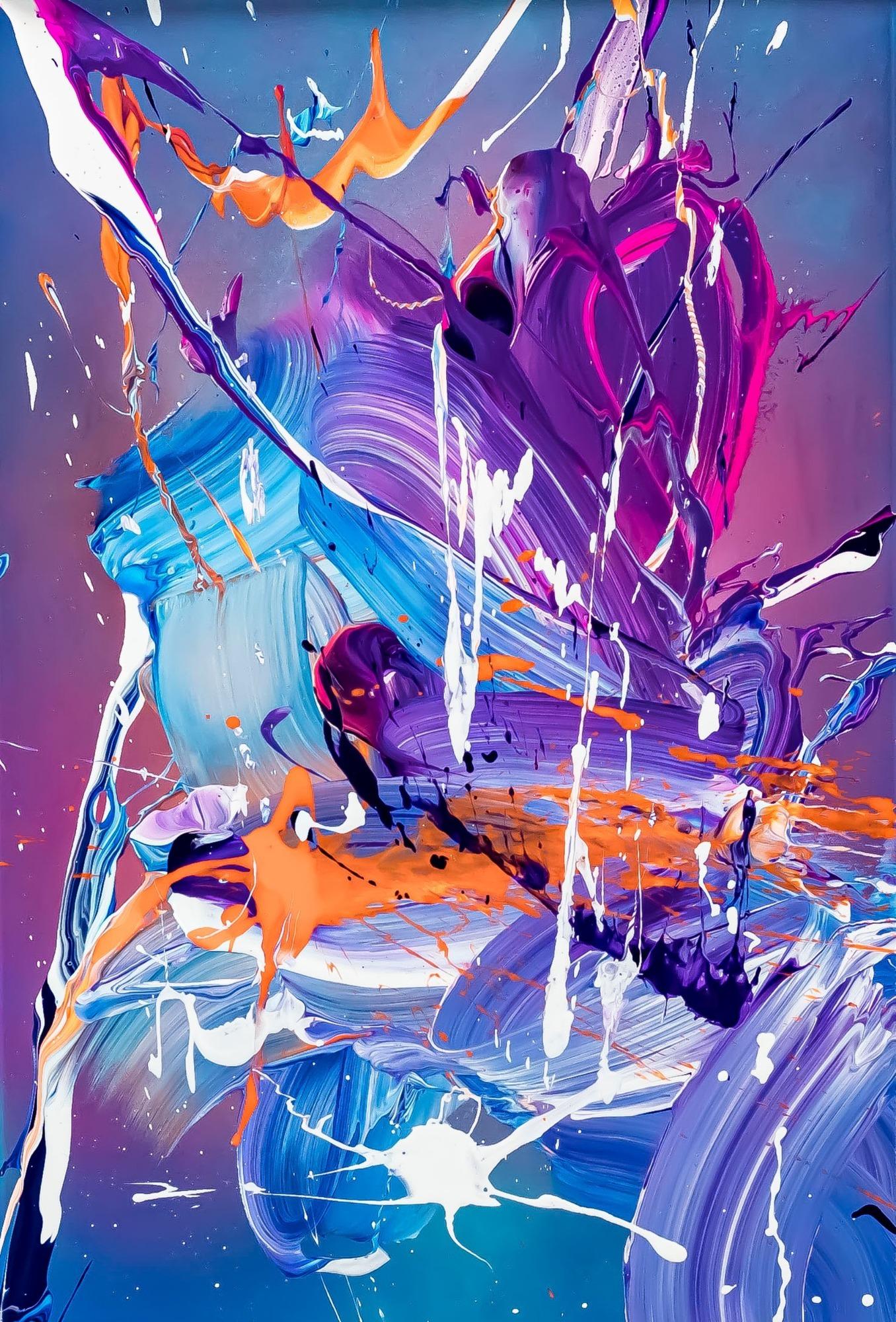 Gemälde Original abstrakt 60x40cm Action Painting expressionistisch auf Leinwand Mischtechnik blau violett hellblau Unikat