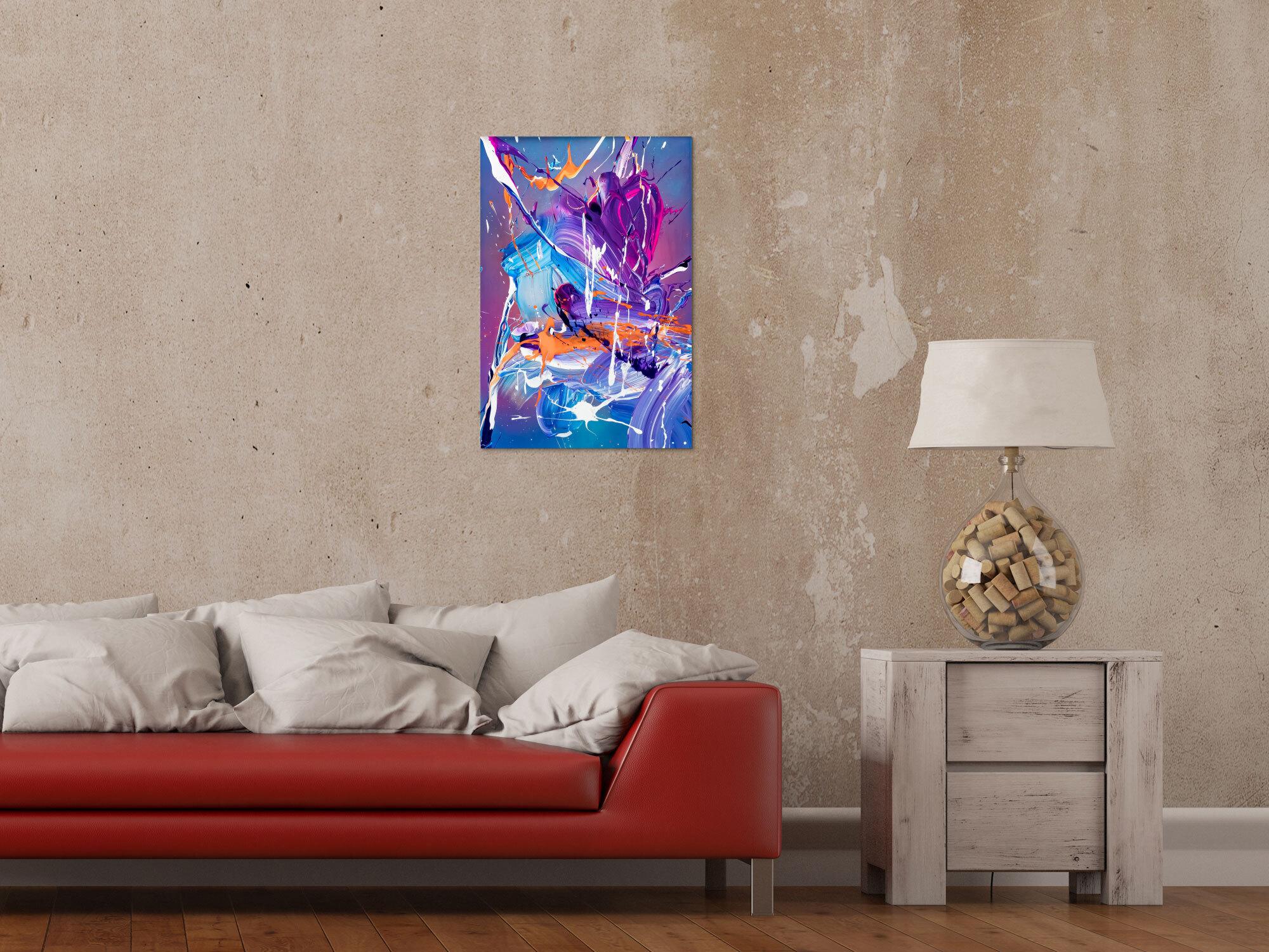 Gemälde Original abstrakt 60x40cm Action Painting expressionistisch auf Leinwand Mischtechnik blau violett hellblau Unikat