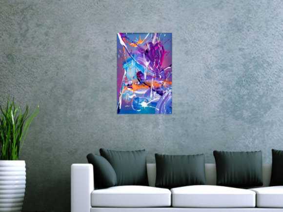 Gemälde Original abstrakt 60x40cm Action Painting expressionistisch auf Leinwand Mischtechnik blau violett hellblau Unikat