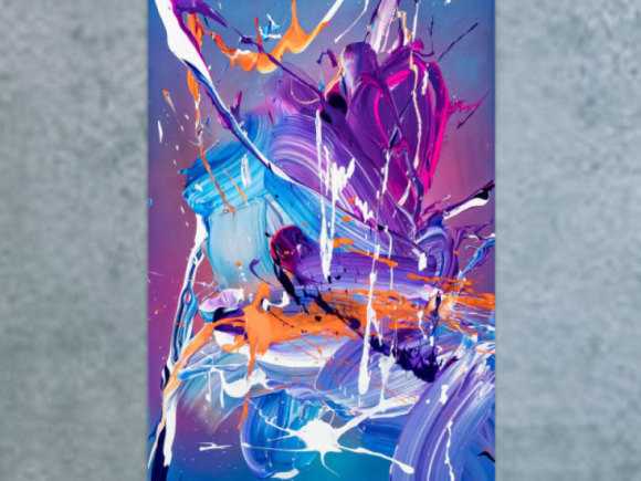 Gemälde Original abstrakt 60x40cm Action Painting expressionistisch auf Leinwand Mischtechnik blau violett hellblau Unikat