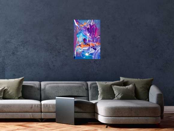 Gemälde Original abstrakt 60x40cm Action Painting expressionistisch auf Leinwand Mischtechnik blau violett hellblau Unikat