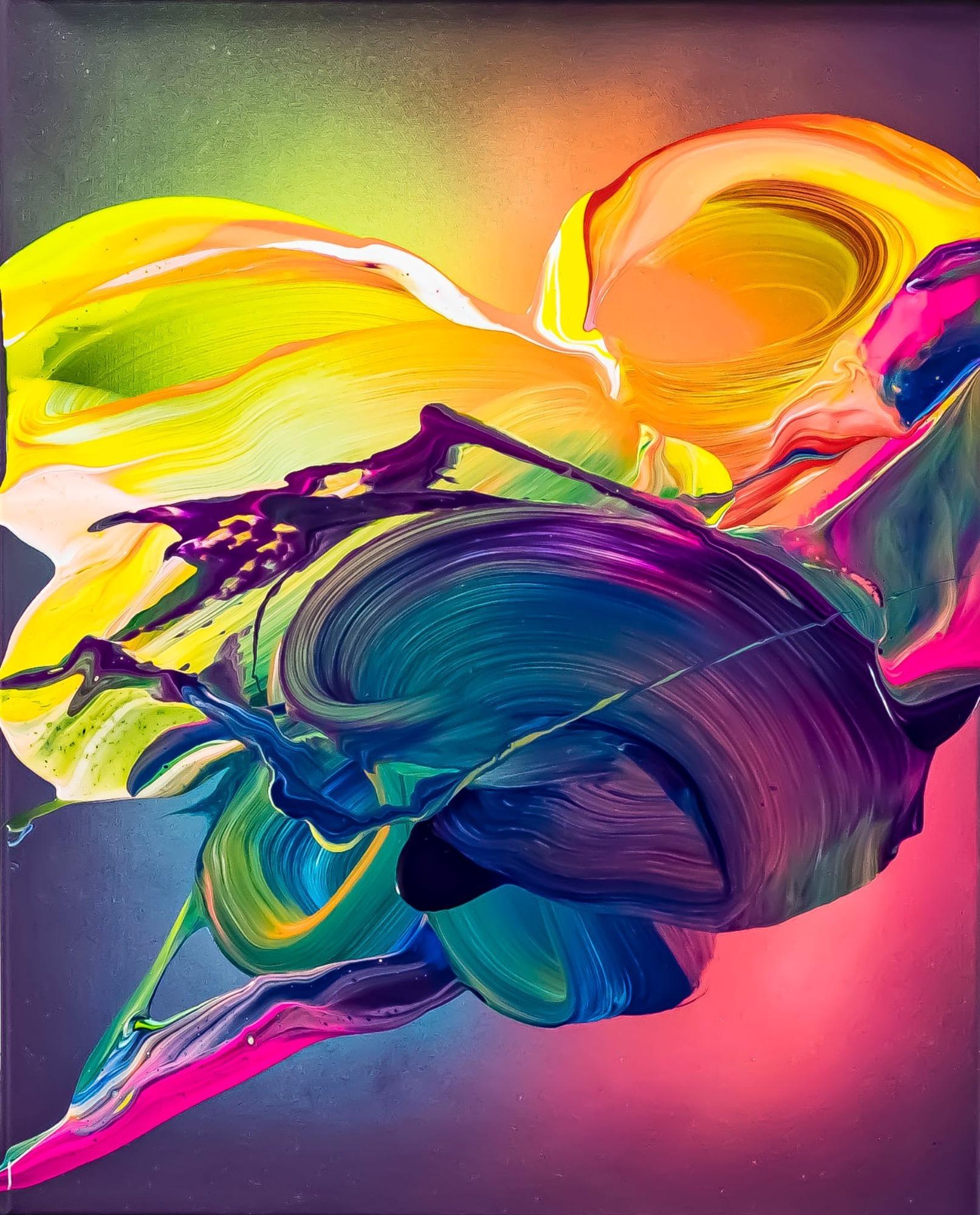 Original Gemälde abstrakt 50x40cm Action Painting zeitgenössisch auf Leinwand Mischtechnik bunt blau gelb Einzelstück