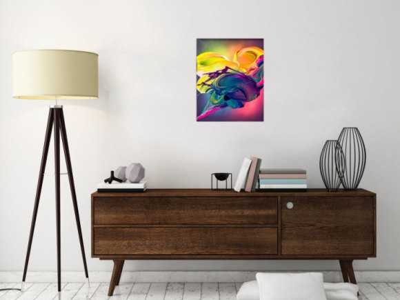 Original Gemälde abstrakt 50x40cm Action Painting zeitgenössisch auf Leinwand Mischtechnik bunt blau gelb Einzelstück