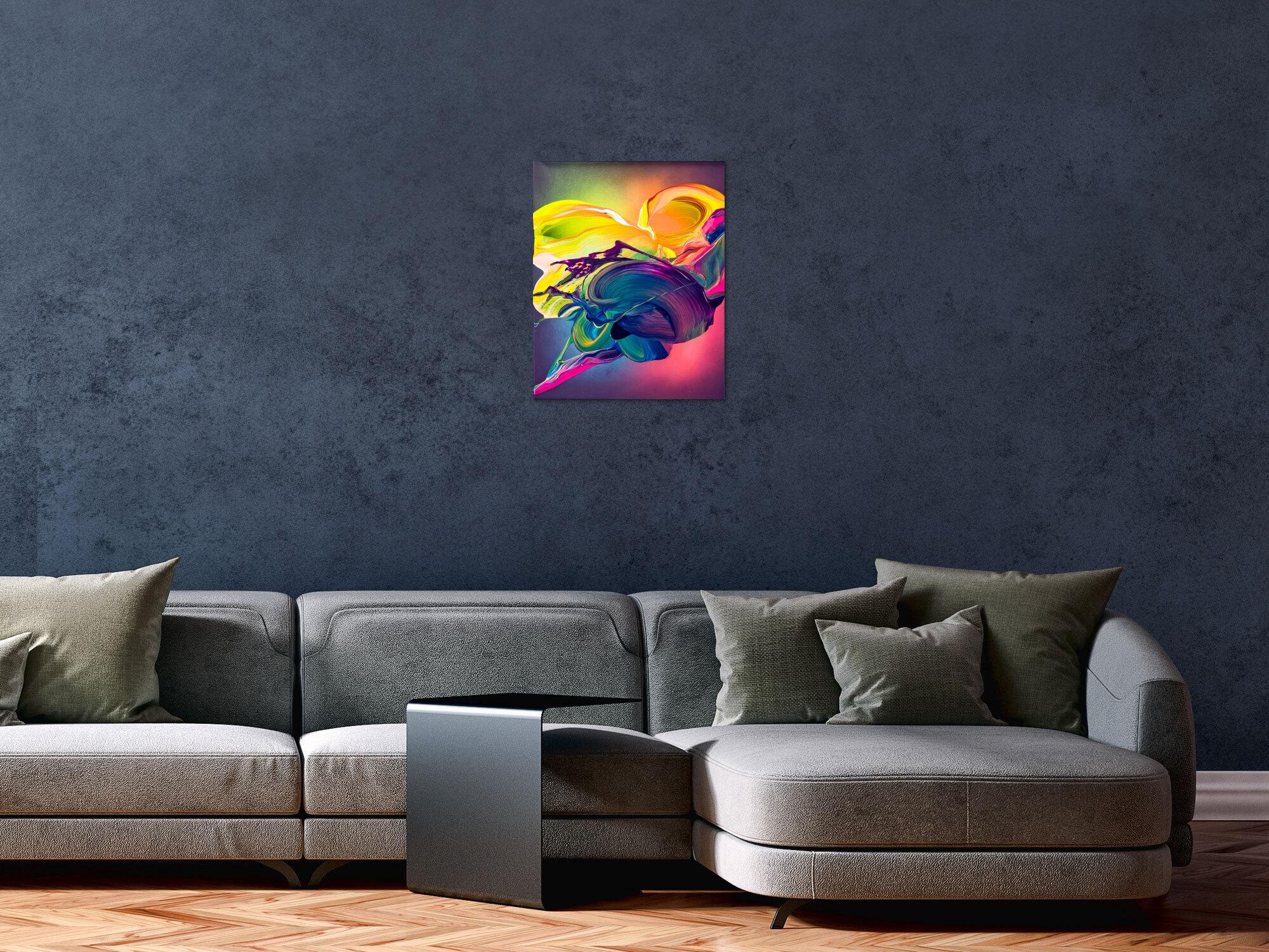 Original Gemälde abstrakt 50x40cm Action Painting zeitgenössisch auf Leinwand Mischtechnik bunt blau gelb Einzelstück