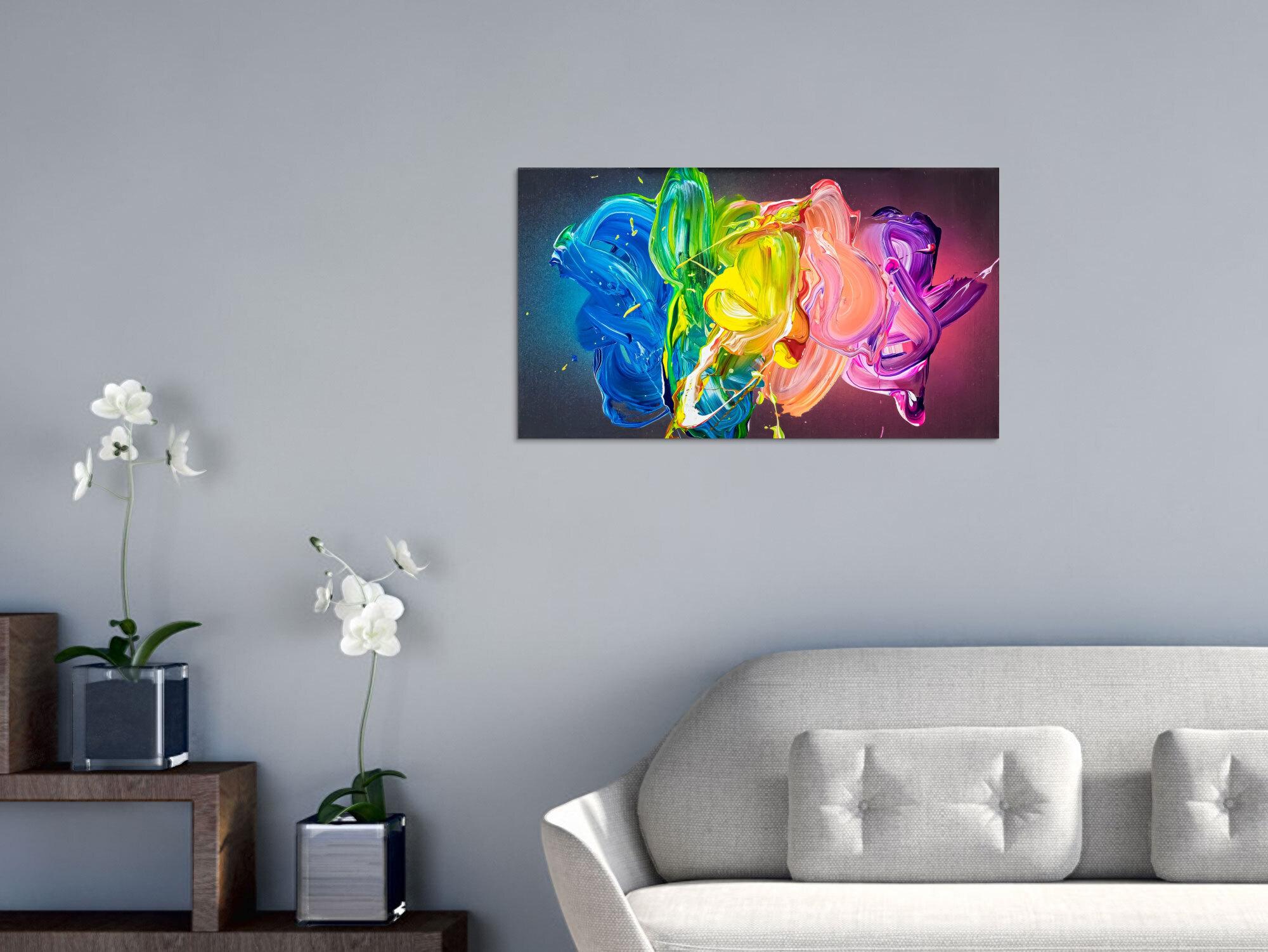 Abstraktes Original Gemälde 45x80cm Action Painting zeitgenössisch handgemalt Fluid Painting bunt blau gelb hochwertig