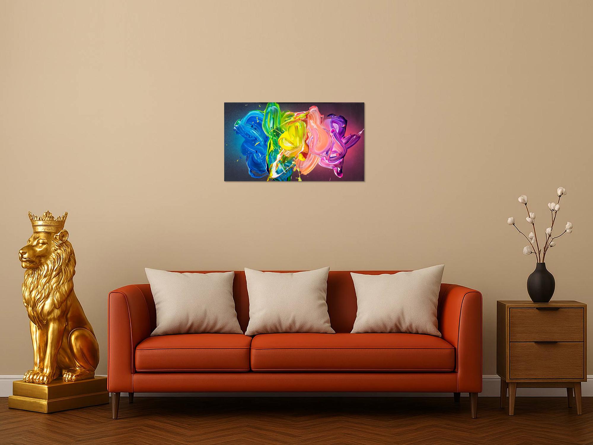 Abstraktes Original Gemälde 45x80cm Action Painting zeitgenössisch handgemalt Fluid Painting bunt blau gelb hochwertig