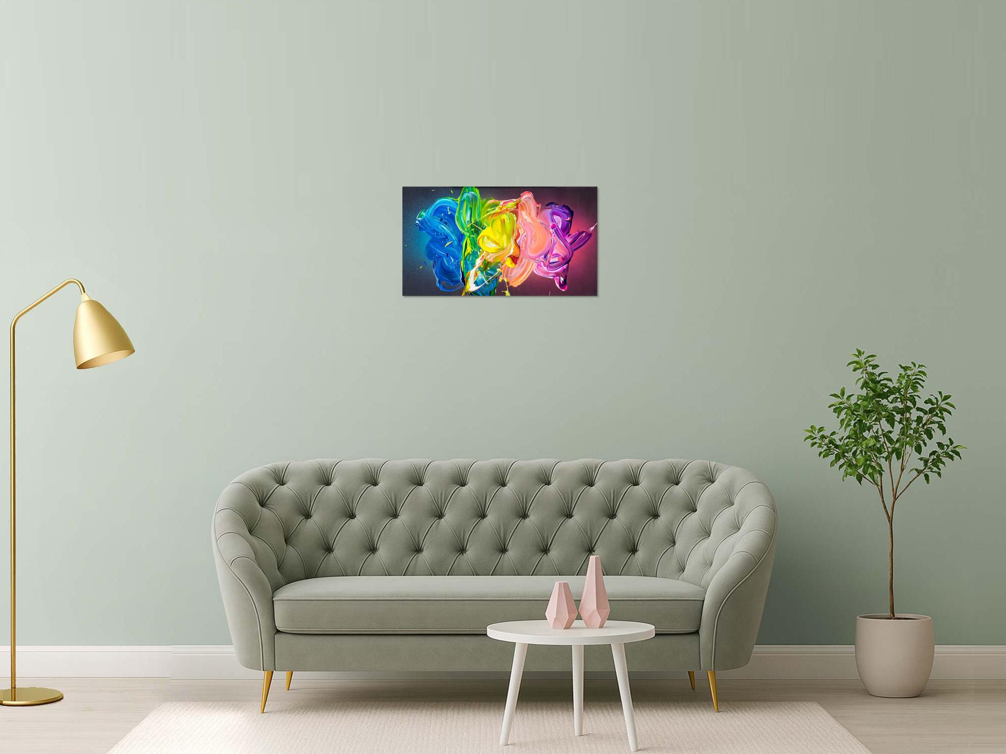 Abstraktes Original Gemälde 45x80cm Action Painting zeitgenössisch handgemalt Fluid Painting bunt blau gelb hochwertig