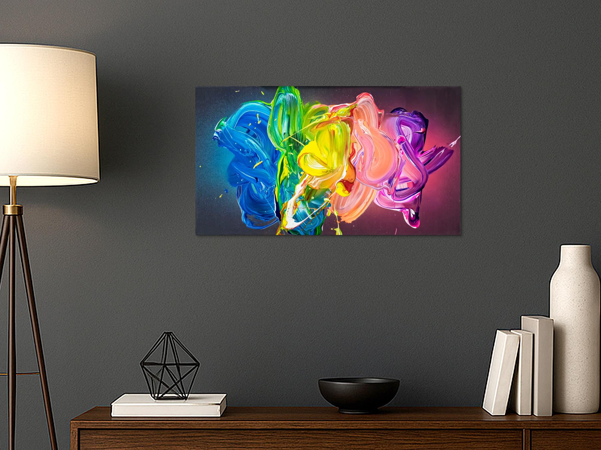 Abstraktes Original Gemälde 45x80cm Action Painting zeitgenössisch handgemalt Fluid Painting bunt blau gelb hochwertig