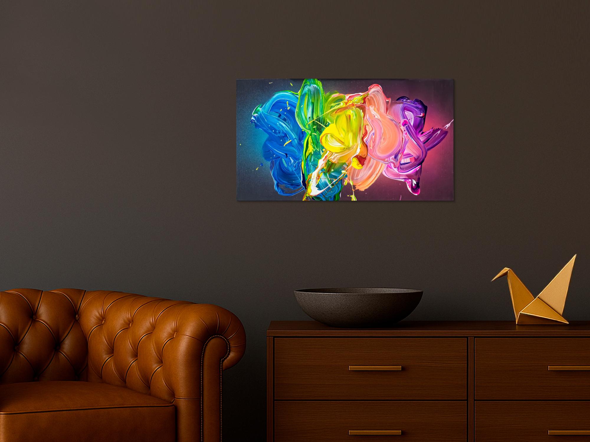 Abstraktes Original Gemälde 45x80cm Action Painting zeitgenössisch handgemalt Fluid Painting bunt blau gelb hochwertig