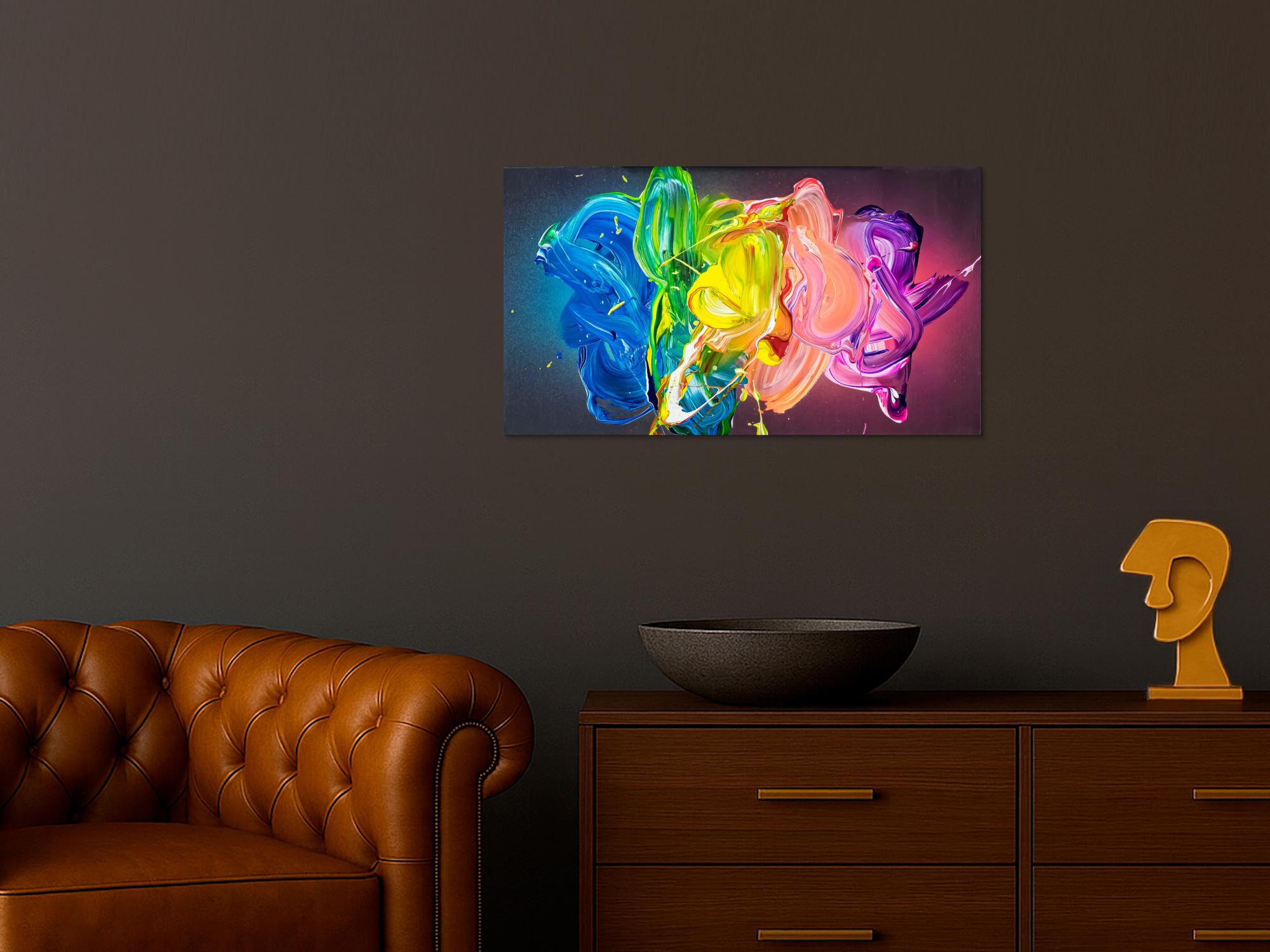 Abstraktes Original Gemälde 45x80cm Action Painting zeitgenössisch handgemalt Fluid Painting bunt blau gelb hochwertig