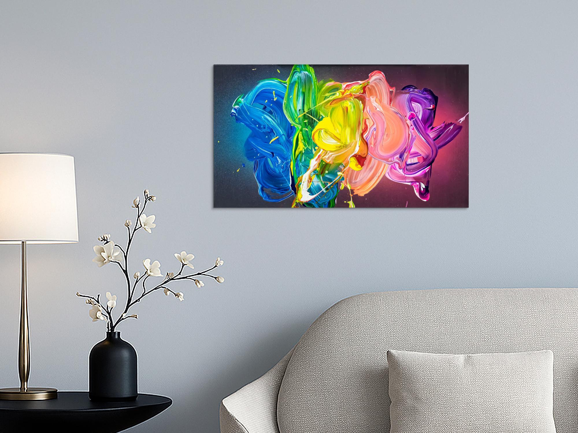 Abstraktes Original Gemälde 45x80cm Action Painting zeitgenössisch handgemalt Fluid Painting bunt blau gelb hochwertig