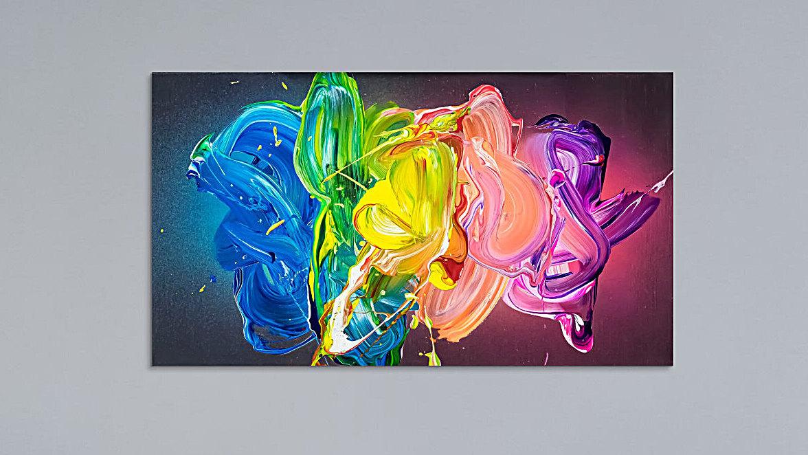 Abstraktes Original Gemälde 45x80cm Action Painting zeitgenössisch handgemalt Fluid Painting bunt blau gelb hochwertig